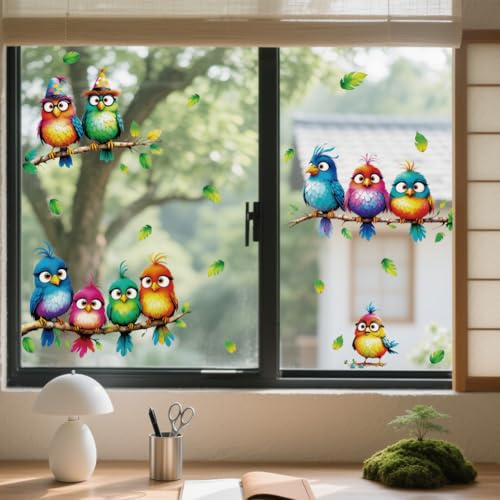 ANATTASOUL 3D-Cartoon-Vögel und Zweige Fensterbilder for Frühling Sommer | Doppelseitig Blickdichter Badezimmer Fensterbilder Kinderzimmer Wiederverwendbare Fensterbilder Frühling for Winter Herbst
