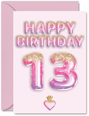 13th Birthday Cards for Girls and Boys, Pink & Purple Glitter Balloons | Happy Birthday Card for 13 Year Old Boy Girl Niece Son Brother Granddaughter, A5 Bday Greeting Cards