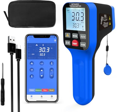 WapoRich Pyrometer Bluetooth -50~1600°C Infrarot Thermometer DS 30:1 Berührungslose Digital Laser Temperaturpistole für Kochen, Pizza Oven, Industrie (Nicht für Menschen) - RQ-1600B-APP