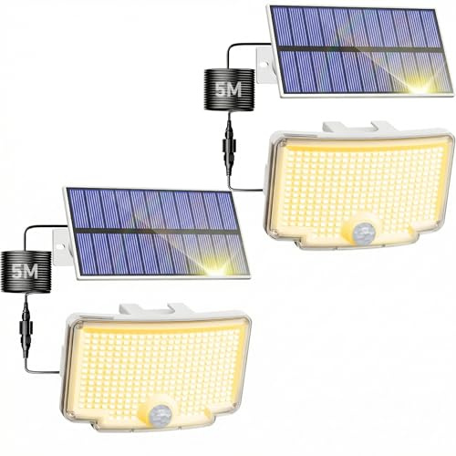 nipify 2 Stück Solarlampen für Außen mit Bewegungsmelder, 318 LED 3 Modi Solar Aussenleuchte IP65 Wetterfest, Hell Solarleuchte Solarstrahler für Aussen Garten Wand Weißer Rahmen Warmweiß