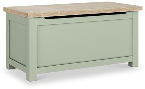 RoselandFurniture Farro Sage Green Blanket Box for Bedroom | Fully Assembled, Ottoman Storage Chest with Washed Oak Top and Sprung Hinge, Painted Finish, Cottagecore Style
