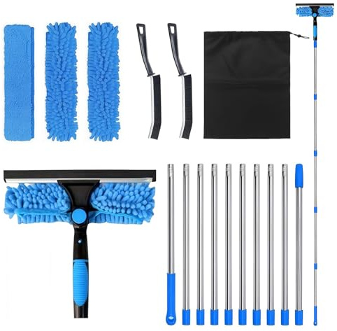 4,3 M Limpiacristales con Mango Extensible, Barra Telescópica 2 en 1, con 10 Palo, 2 Cepillo para Limpiar Juntas y 3 Paños de Microfibra y 1 Bolsa de Almacenamiento, para Ventanas Altas, Hogar, Pared