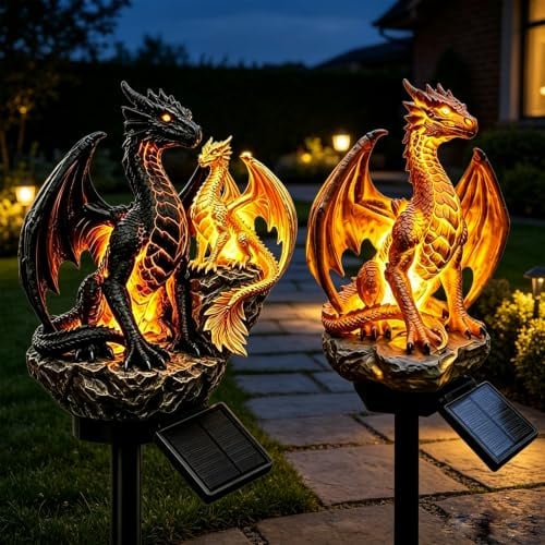 XPDUXK Dragon Legacy Golden Ember Edition Solar Gartenleuchte, Drachen-Solar-Gartenleuchte, Drachen Statuenlampe für Garten und Hof, Gotische mittelalterliche Fantasy-Halloween-Dekoration，A+B