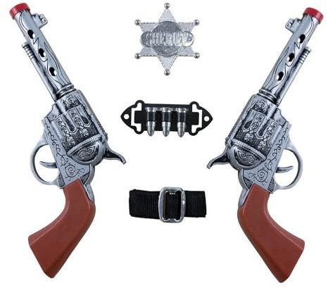 P'TIT CLOWN - 12442 - Set de Cow Boy, Sherif - Western Set - 2 Revolvers, Ceinture avec Balles et Etoile - Accessoire de Déguisement - Parfait pour Carnaval, Fêtes à Thèmes, Halloween, Cosplay