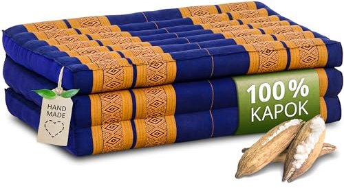 livasia Nachhaltige Kindermatratze aus Kapok, Klappmatratze, Reisebett Kinderbett faltbar, ökologische Yogamatte klappbar, Spielmatte, Liege für Garten und Balkon 140x70x8cm (Blau/Gelb)