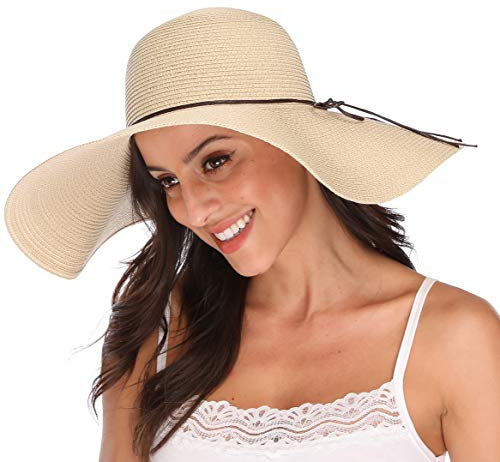 Lanzom Chapeau de paille pour femme - 14 cm - Pliable - Enroulable - UPF 50+ - beige - Taille unique
