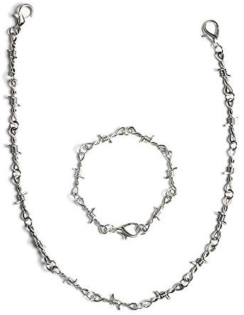 KESOCORAY Punk Gothic Thorns Metal Barbed Wire Chain Necklace Bracelet Silver Jewelry for Men Women, Metal, No Gemstone