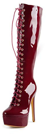 Only maker Damen Stiefel Plateau Kniehoch Schnürstiefel Langschaft mit Stiletto Absatz Reißverschluss Lack Weinrot 38 EU