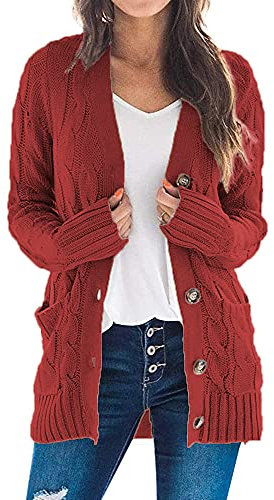 Maavoki Cardigan Long élégant Ouvert sur Le Devant, en Grosse Maille, Cardigan à Manches Longues, avec Boutons et Poches,Rouge,S