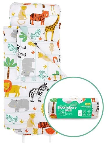 Bloomsbury Mill – Safari – Dschungeltiere – Superweiches Schlaf-Set für Kleinkinder – Mit Kissen, Matte und Zudecke – Ultimatives Schlaf-Set für Kita, Mittagsschlaf, Reisen und Übernachtungen