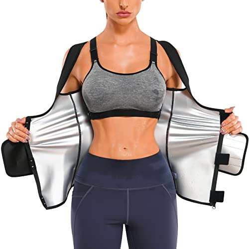TrainingGirl Chaleco de sudor para mujer, entrenador de cintura, cinturón reductor, pérdida de peso, traje de sauna caliente, con cremallera, camiseta sin mangas para entrenamiento, Negro, Large