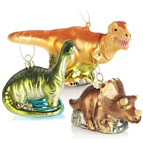 com-four® 3X Premium Christbaumschmuck - Deko-Dinosaurier aus echtem Glas - besondere Baumkugeln als Weihnachtsdeko - spezielle Weihnachtsbaumanhänger - hochwertige Christbaumkugeln (Dinos - 3 Stück)