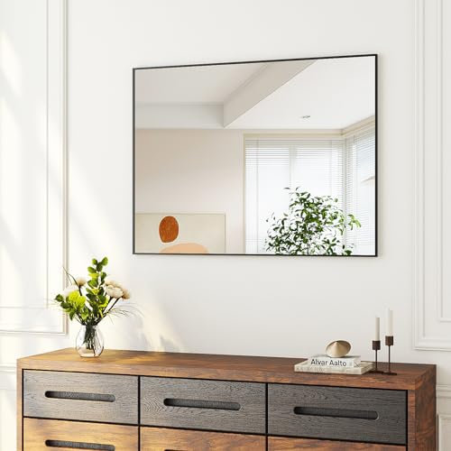 Boromal Badspiegel Schwarz 50x70cm Spiegel Schwarz Metallrahmen Vertikal/Horizontal Dekorative Wandspiegel Schwarz für Badezimmer, Wohnzimmer, Gäste WC