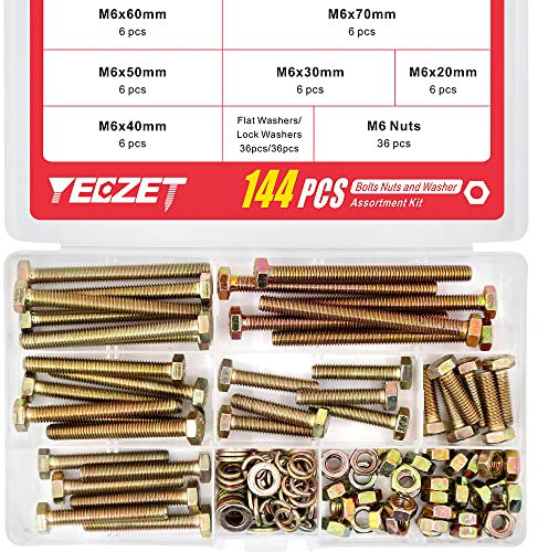 YEEZET 144Pcs Grade 8.8 M6 Hex Head Screws Bolts and Nuts Flat & Lock Washers Assortment Kit 20mm 30mm 40mm 50mm 60mm 70mm