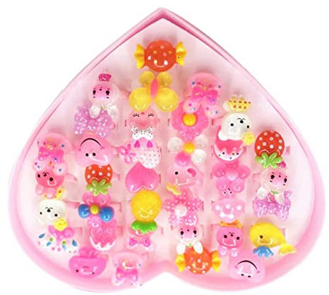 Kinderringe mädchen, Prinzessin Schmuck Set 36 Stück, Cartoon Kinderringe Kristallbonbons/Erdbeere/Herz/Blume/Tierform, Girl Dress up Rings, Kinderschmuck, mit Herzformkasten, für kleine Mädchen
