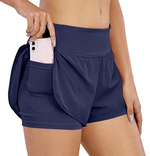 COTOP Laufhose Damen Kurz, 2 in 1 Sporthose Kurze Sommer mit Tasche, Midwaist Sport Shorts Teenager Mädchen mit Elastisch Unterhose für Volleyball, Joggen, Gym (Blau XS)