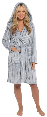 Daisy Dreamer Womens Snuggle Fleece Dressing Gown Robes Extra Long Super Soft Cuddly Velvet Touch Plush Bathrobe Gowns for Ladies, Grey Stripe 20-22