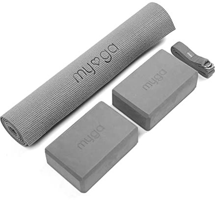 Myga Yoga Starter-Set – Yogamatte, 2 Yoga-Blöcke und Yogagurt – Starter-Set mit Matte, 2 Steinen & Metall-D-Ring-Gürtel für Anfänger in Yoga, Pilates & Fitness (Grau)
