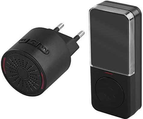 EMOS Mini-Türklingel und Taster, 10 Melodien, 150m Reichweite, 5 Lautstärkestufen (0-85 dB), schwarze Miniaturklingel, batteriebetriebener wasserdichter Taster, zusätzliche Taste bestellbar