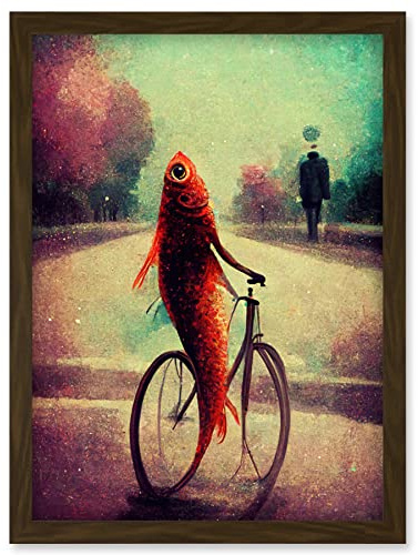 Doppelganger33 LTD Koi Fish With Bicycle Surrealism Purple Teal Park Dream Artwork Framed Wall Art Print A4