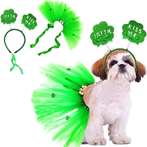 2 Stück St. Patrick's Day Hundekostüm Grün Tutu Rock Kleeblatt Stirnband Haustier Kleidung Irisches Outfit Kleid Supplies Klee Welpen St Patrick Kostüm für kleine mittelgroße Hunde Haarreifen Zubehör