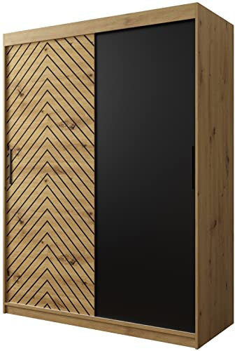 ABIKSMEBLE Jodełka 150 - Armario para Puertas correderas, Armario con Barra y Estante para Dormitorio (Roble Artesano + Roble Artesano + Negro Mate, cajones: 0)