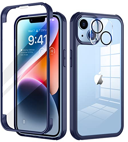 seacosmo for iPhone 14 Case with 9H Tempered Glass Screen Protector, Blue | Full Body Shockproof Protection Armour Cover, Camera Lens Protector, Slim Fit Bumper Dual Layer Protective Rugged Phone Case