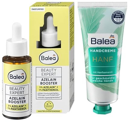 Balea 2er-Set Hautpflege: Serum Beauty Expert AZELAIN BOOSTER mit Panthenol hautbildverfeinernd parfumfrei (30 ml) + Handcreme HANF mit Hanfsamenöl (75 ml), 105 ml