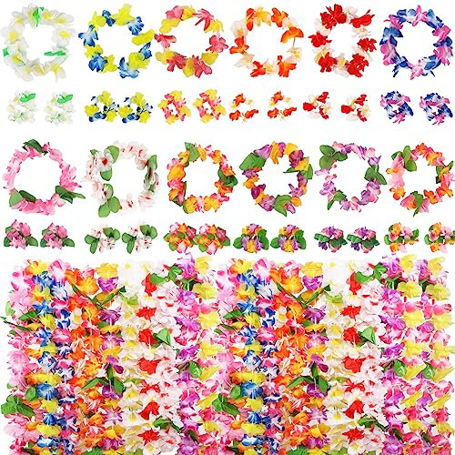 BETESSIN 48er-Pack Hawaii Girlande - Hawaiiketten Blumenketten in 12 Farben - inkl. Blumenkränze, Halsketten und Armbänder - Hawaiian Kostüm Accessoires für Hawaii Party, Tropische Strandparty UVM.