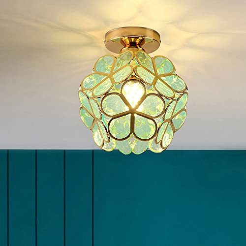 Mengjay Vintage Deckenlampe aus Metall E27，Blütenblattform Glas Lampenschirm Semi-Flush-Mount Deckenleuchte,Wohnzimmer Schlafzimmer Pendelleuchte Retro Hängeleuchte (Green)