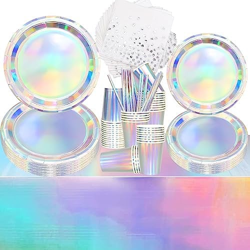 Iridescent Party Supplies -Include Plates, Straws, Napkins, Cups, for Birthday Party Wedding Holiday Decorations Service 50 Guests