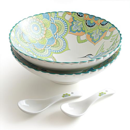 AOOSY 2pcs Ceramic Salad Bowls 1200ML 40.6 Ounces Capacity with 2 Spoons Ideal for Noodle Salad Pasta Fruit Soup Cereal Dinnerware Pottery