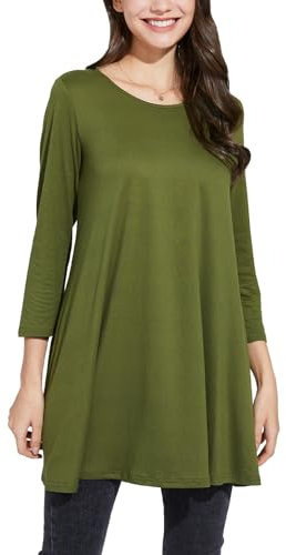 Enmain Olive Green Tunic Tops for Women UK 3/4 Long Sleeve Ladies Tunics Casual Solid Color Top for Leggings Loose Round Neck Blouse Shirt 3XL