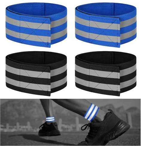 PHOGARY Hosenklammer Fahrrad, 4 Stück Reflektoren Joggen Zubehör, Elastisch Reflektorband für Arm/Handgelenk/Bein, Hochsichtbare Reflektierende Reflektoren für Kleidung (Schwarz&Blau)