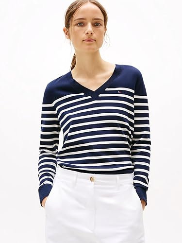 Tommy Hilfiger Co Jersey Stitch V-Nk Sweater Ww0Ww40098, Maglione, Donna, Bianco (Her STP Dark Night Navy/Country IV), S