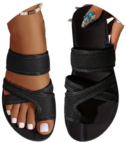 Onsoyours Sandales Plates Femme Été Hallux Valgus Tongs Confortable Maille Nu Pieds Bout Ouvert Chaussures Vintage Sandales Pantoufles de Plage Vacances Slippers B Noir 39 EU
