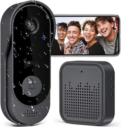 Sonnette sans Fil avec Caméra,1080P WiFi Sonnette Étanche, Batterie Visiophone sans Fil avec Carillon, Audio Bidirectionnel, Vision Nocturne Infrarouge, Détection Humaine PIR