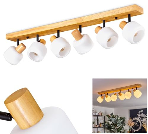 Deckenleuchte Miguas, moderne Deckenlampe aus Holz/Metall/Glas in Naturfarben/Schwarz/Weiß, Leuchte 6-flammig im skandinavischen Design mit verstellbaren Strahlern, 6 x E14, ohne Leuchtmittel