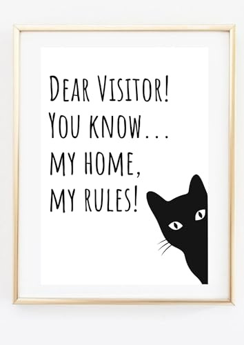 Din A4 Kunstdruck ohne Rahmen - Lustiger Spruch: My Home My Rules - Katze - Grumpy Cat Katzenhaushalt Besuch Flur Eingang - Bild Druck Poster