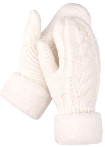 Lvefyti Fäustlinge Damen,Warme Winterhandschuhe Fingerhandschuhe,Strickhandschuhe mit Fleecefutter,Dicke Thermohandschuhe,Weich Flauschig Handschuhe für Running Radfahren Skifahren(Weiß)
