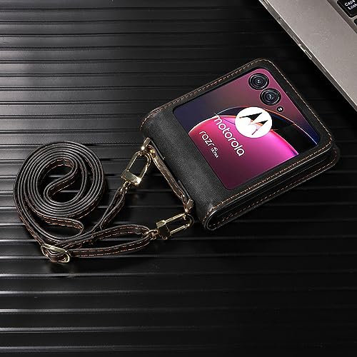 TIANYUE Schutzhülle für Motorola Razr 50 Ultra, mit [Umhängeband] [Kartenfächern] Leder, Klapphülle für Motorola Razr 50 Ultra-Schwarz
