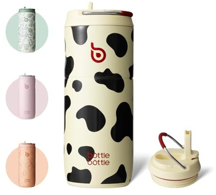 bottlebottle Gourde en acier inoxydable avec paille, 500 ml, sans BPA, couvercle anti-fuite, idéale pour l'école, le bureau, la randonnée et les excursions (motif de vache)