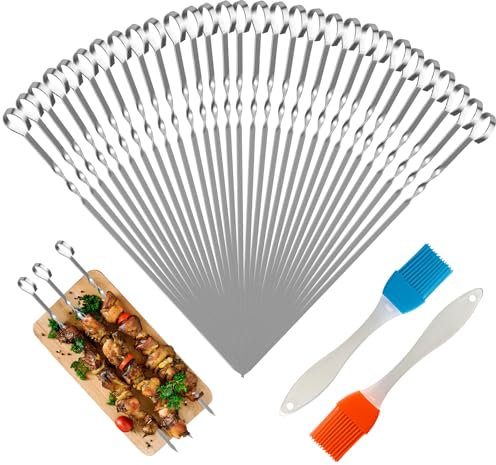 30PCS Kebab Skewers, 30 cm Metal Skewers with 2 Grill Brush, Metal Skewer Stainless Steel, Reusable BBQ Skewer, for Kebabs for Outdoor BBQ, Family Party, Shish Kabob