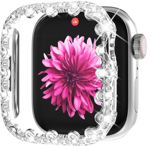 WINGLE Bling Bumper Schutzhülle für Apple Watch Serie 10, 42 mm, 4-blättriges Kleeblatt, Diamant-Schutzhülle für Damen, iWatch, harter PC-Rahmenschutz für Apple Watch 10, 42 mm, Spitzenkante, Silber