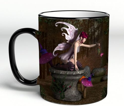 YOIUE Tasse aus Keramik - Große 11oz Tassen 330ml Kaffeetassen mit Henkel, 100% Handbemalt - Trinkgläser mit Griff - Weiß,Schöne Fee sitzt auf einem alten Sockel