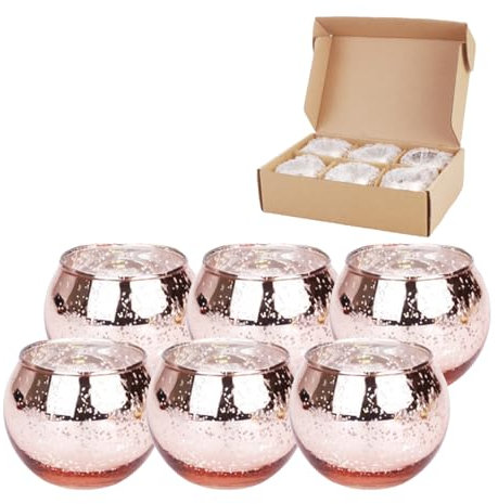 Hiseng 6 Stück Teelichthalter Glas Kerzenhalter Klein Rund Sternenhimmel Votivkerzenhalter Teelichthälter Teelichter Dekoration für Weihnachten, Hochzeit, Kerzenlicht Abendessen (Rosa)