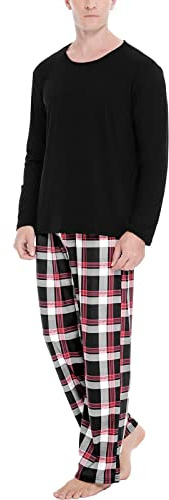 Pigiama da uomo in pile – Set pigiama da uomo in cotone a quadri pantaloni pigiama da uomo comodo pigiama natalizio set e girocollo a maniche lunghe top comodo pigiama stampa plaid elastico in vita