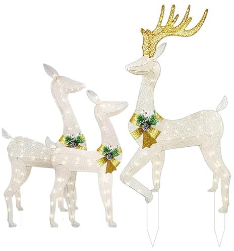 Decorazione natalizia a di renna per esterni, in acrilico, illuminata, con luci a LED, set da 3 pezzi, per interni ed esterni