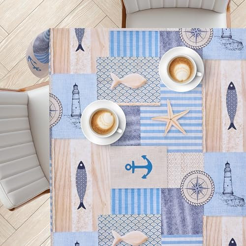 KP HOME Blaue PVC-Tischdecke Abwischbar Mit Nautischen Fischmuster – Rechteckige Wachstuchtischdecke 200x140cm – Wasserdichte Und Abwischbare Kunststoff-Tischdecke, Großes Vinyl Wachstuch Küstenzauber