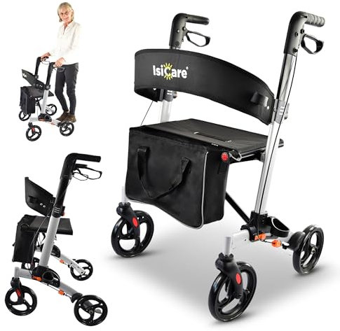 ISICARE Rollator Premium leicht faltbar Aluminium, nur 6,5 Kg, Gehhilfe mit Rädern Senioren, Leichtgewichtrollator klappbar, Laufhilfe Erwachsene, Gehwagen Innen, Draußen & Kofferraum (Silber)